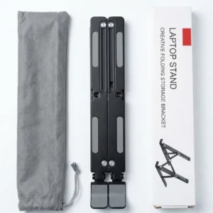 black foldable laptop stand with pouch and box.webp